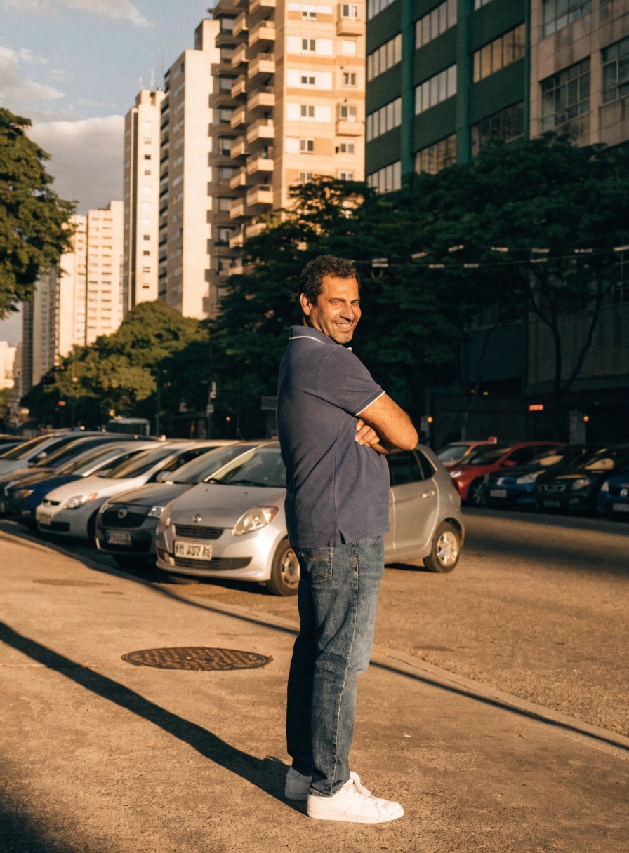 Ricardo em frente à sua loja de seminovos